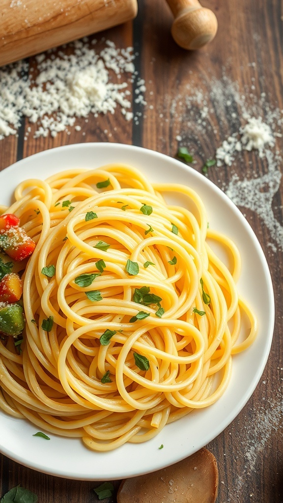 A plate of golden homemade noodles garnished with herbs and served with vegetables on a rustic table.